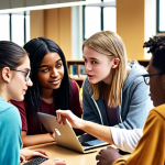 **

A group of diverse college students collaborating on a project in a bright, modern library. Some are looking at a laptop screen, others are discussing ideas. The atmosphere is positive and supportive, with emphasis on open communication and teamwork. The scene should reflect a collaborative learning environment.

**