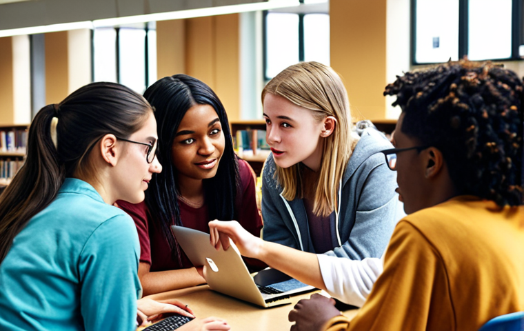 **
A group of diverse college students collaborating on a project in a bright, modern library. Some are looking at a laptop screen, others are discussing ideas. The atmosphere is positive and supportive, with emphasis on open communication and teamwork. The scene should reflect a collaborative learning environment.
**