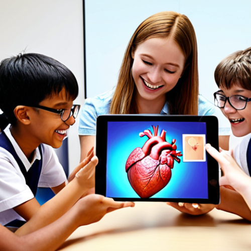 Home 17 **
A diverse group of students enthusiastically interacting with a holographic human heart in a bright, modern classroom. Some students are using tablets to zoom in on specific parts of the heart. A friendly teacher is guiding them, smiling. The atmosphere is engaging and full of discovery.
**