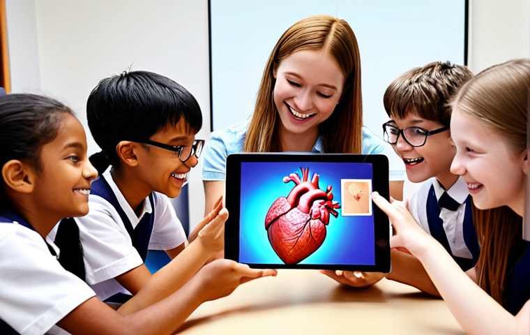 **
A diverse group of students enthusiastically interacting with a holographic human heart in a bright, modern classroom. Some students are using tablets to zoom in on specific parts of the heart. A friendly teacher is guiding them, smiling. The atmosphere is engaging and full of discovery.
**