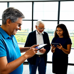 A diverse group of people, ranging from children and teenagers to middle-aged adults and seniors, engaged in various digital activities in a bright, modern community library. A child is gently interacting with a tablet, a teenager is focused on a laptop, an adult is reading on a smartphone, and a senior is comfortably using a larger tablet. All subjects are fully clothed in modest, appropriate attire, reflecting professional dress. The setting is clean and inviting, with natural light streaming through large windows. Professional photography, high detail, sharp focus, natural lighting, perfect anatomy, correct proportions, natural poses, well-formed hands, proper finger count. safe for work, appropriate content, fully clothed, family-friendly.