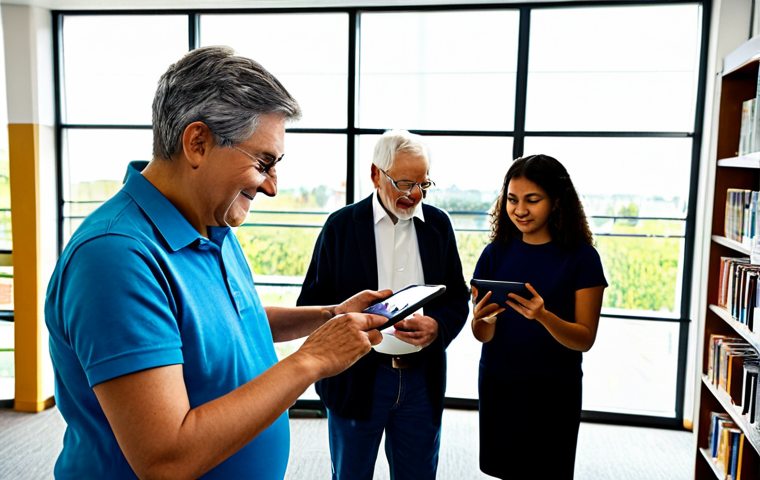 A diverse group of people, ranging from children and teenagers to middle-aged adults and seniors, engaged in various digital activities in a bright, modern community library. A child is gently interacting with a tablet, a teenager is focused on a laptop, an adult is reading on a smartphone, and a senior is comfortably using a larger tablet. All subjects are fully clothed in modest, appropriate attire, reflecting professional dress. The setting is clean and inviting, with natural light streaming through large windows. Professional photography, high detail, sharp focus, natural lighting, perfect anatomy, correct proportions, natural poses, well-formed hands, proper finger count. safe for work, appropriate content, fully clothed, family-friendly.