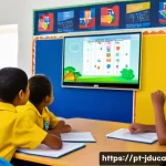 Home 22 게임 기반 학습 콘텐츠 설계 전략 - A vibrant classroom scene in Brazil featuring diverse young students aged 10-14 engaged in a friendl...