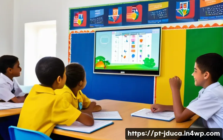 게임 기반 학습 콘텐츠 설계 전략 - A vibrant classroom scene in Brazil featuring diverse young students aged 10-14 engaged in a friendl...