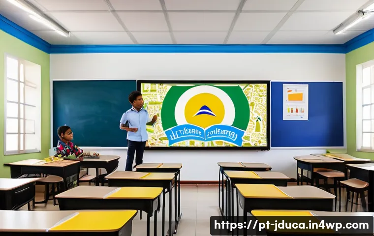 크리에이티브한 교육적 콘텐츠 만들기 - A vibrant classroom scene in a Brazilian school where diverse students engage enthusiastically with ...