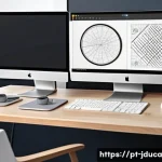 Home 19 디지털 원주율을 고려한 콘텐츠 설계 - A modern digital workspace featuring a sleek computer monitor displaying complex 3D modeling softwar...