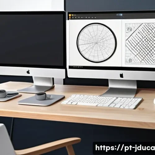 Home 31 디지털 원주율을 고려한 콘텐츠 설계 - A modern digital workspace featuring a sleek computer monitor displaying complex 3D modeling softwar...