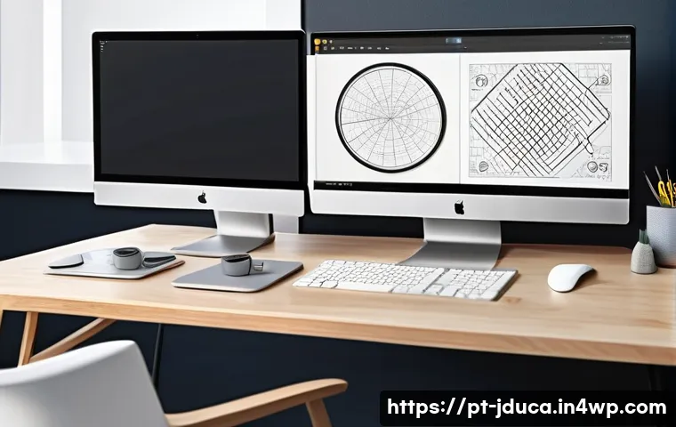 디지털 원주율을 고려한 콘텐츠 설계 - A modern digital workspace featuring a sleek computer monitor displaying complex 3D modeling softwar...